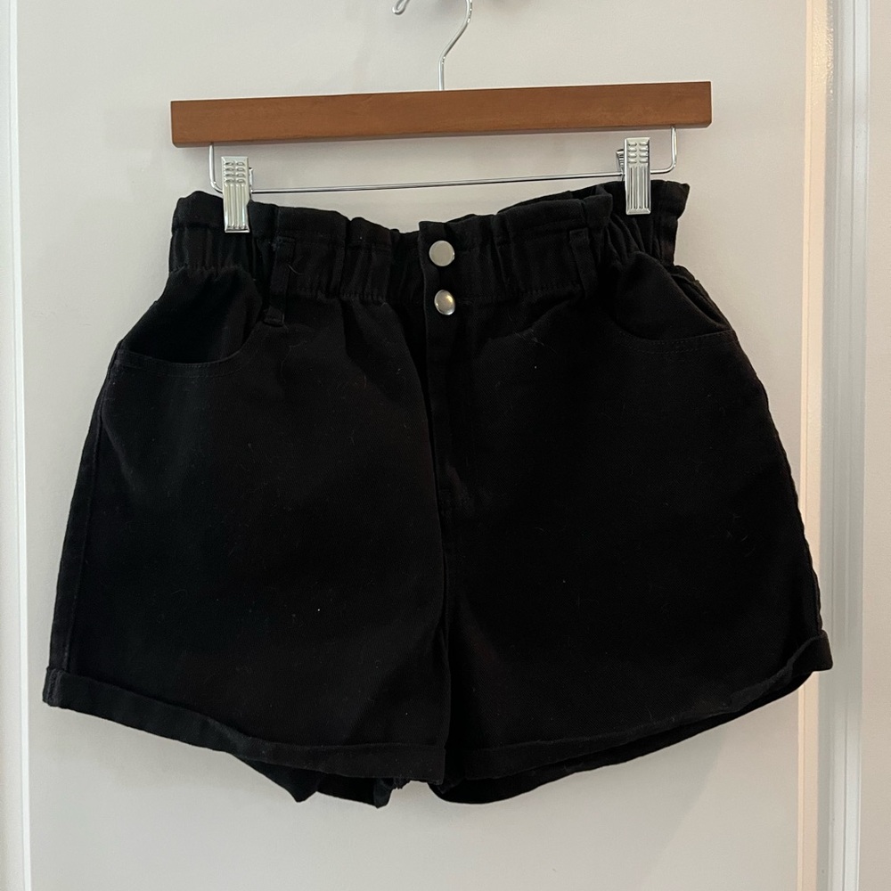 High Waisted Paper Bag Black Denim Shorts